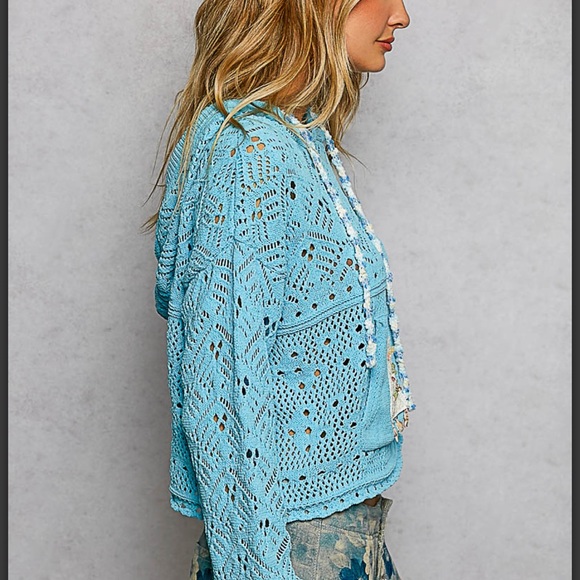 POL. Aqua Crochet Hooded Sweater - Picture 4 of 6